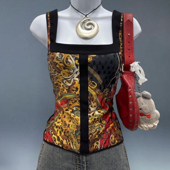 Vintage Linda Segal Tank Top S Baroque Leopard Print Stretch Y2K 90s Corset - Picture 1 of 8